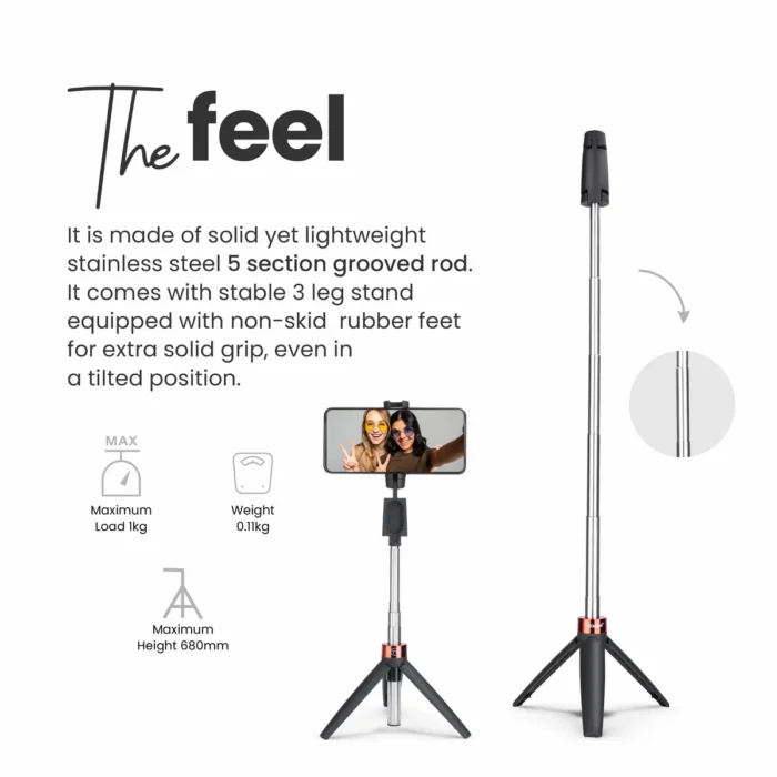 DIGITEK® (DTR-210SS) 68cm Portable Selfie Stick with Wireless Remote, 3 Legs Tripod Base, Rubberized Feet, 1 Kg Max Weight Load, 360° Rotation, Compatible with All Smartphones Photography, Videography 2