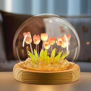 FLYNGO Glass Wireless Romantic Night Light for Bedroom, LED Decoration Night Lamp for Home Decor & Gifting, Tulip Flower Table Lamp, Battery Powered, 9 DIY Flowers Soft Pink Glow (Pink Tulip)