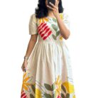 Women Floral Print Cotton Midi Dress, Short Sleeve, White with Yellow and Red Flowers, A-Line Fit (in, Alpha, XL, White)1