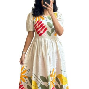 Women’s Floral Print Cotton Midi Dress – White with Yellow & Red Flowers, Short Sleeve A-Line