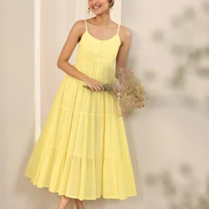 Yellow Solid Cotton Fit and Flare One Piece Dress