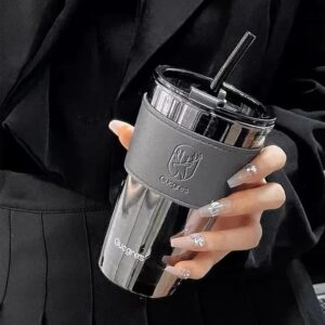 HEJISUN Glass Tumbler with Straw & Lid – 400 ml (Black, Pack of 1)