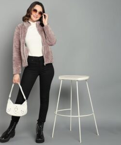 Alan Jones Clothing Women’s Fluffy Yarn Fleece Full-Zip Jacket | Soft Lightweight Warm Outerwear with Stand Collar & Piping at Hem & Cuffs