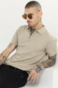 Beige Plain Slim Fit Polo T-Shirt for Men – Cotton Half Sleeve Casual Wear | India Store Mart