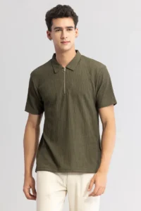 Olive Slim Fit Textured Polo T-Shirt for Men – Polyester Half Sleeve Casual Wear | India Store Mart