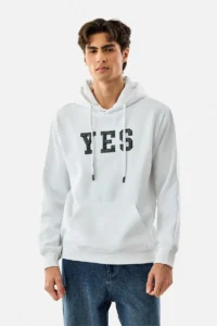 White Graphic Hoodie with YES Print – Cotton-Poly Blend Regular Fit Streetwear