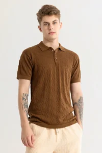 Brown Textured Slim Fit Polo T-Shirt for Men – Cotton Half Sleeve Casual Wear | India Store Mart