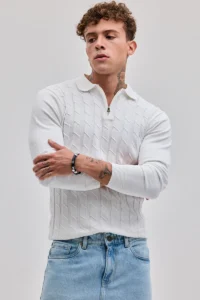 White Printed Slim Fit Polo T-Shirt for Men – Cotton Full Sleeve Casual Wear | India Store Mart